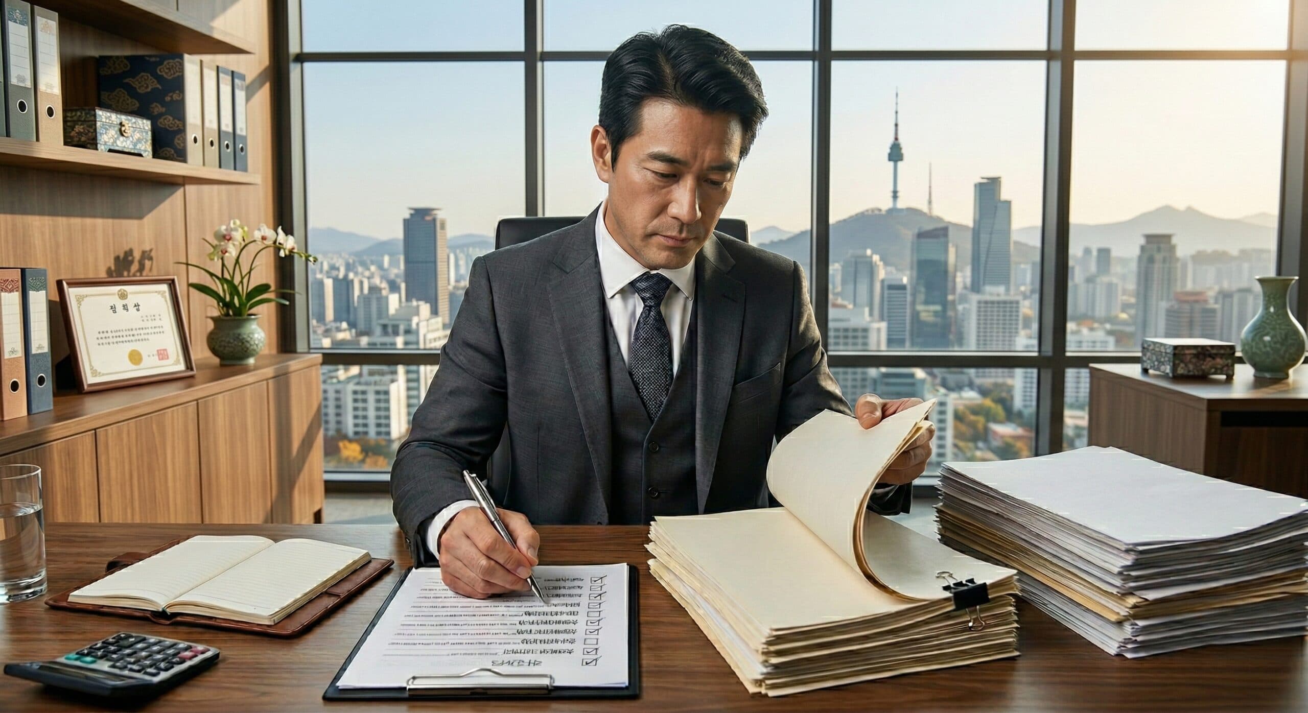 가산세방지 관련 서류를 꼼꼼히 검토하는 세무사의 모습