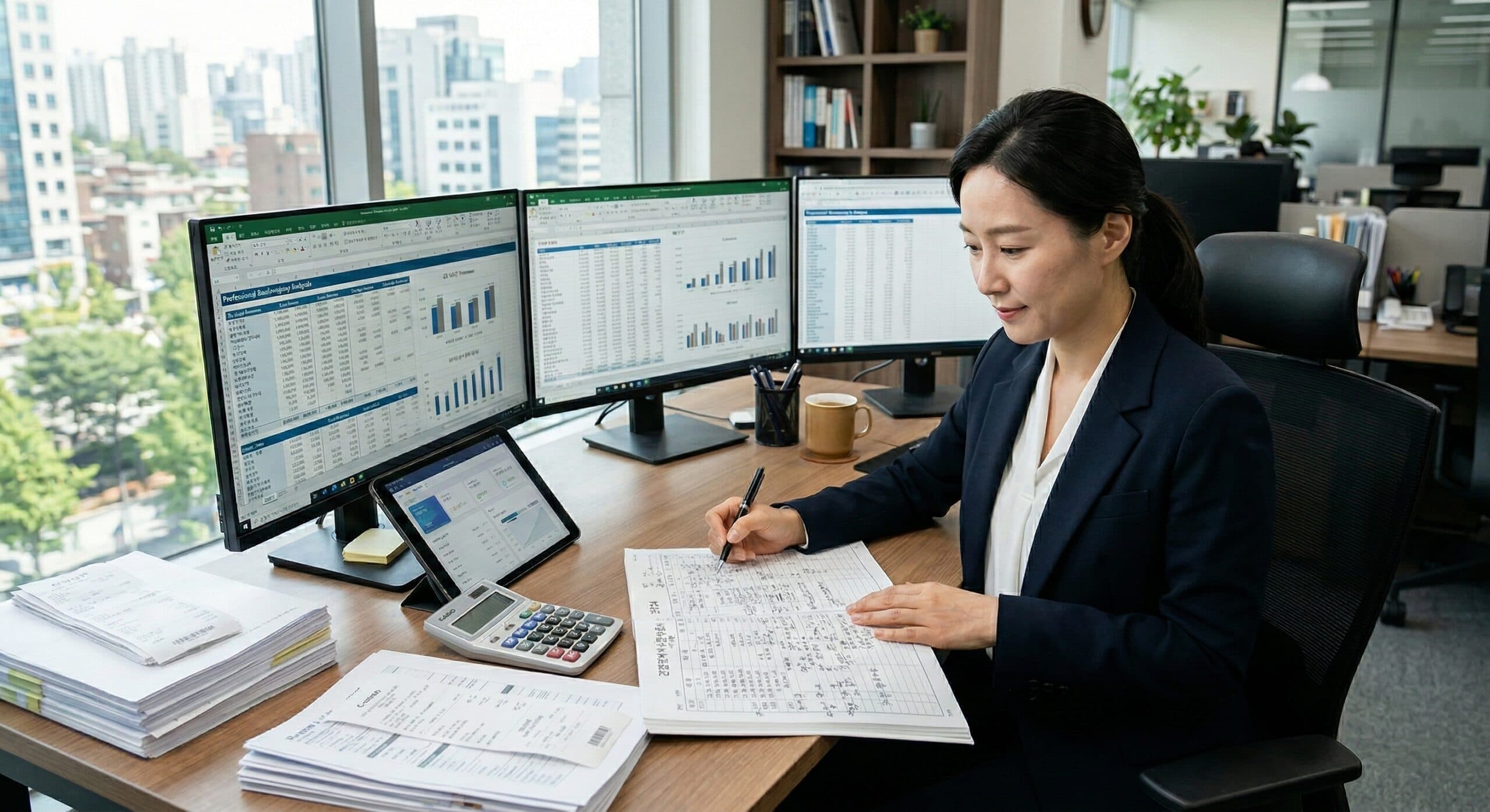 간편장부 관련 방대한 서류와 데이터를 정밀하게 분석하며 절세 전략을 세우는 모습