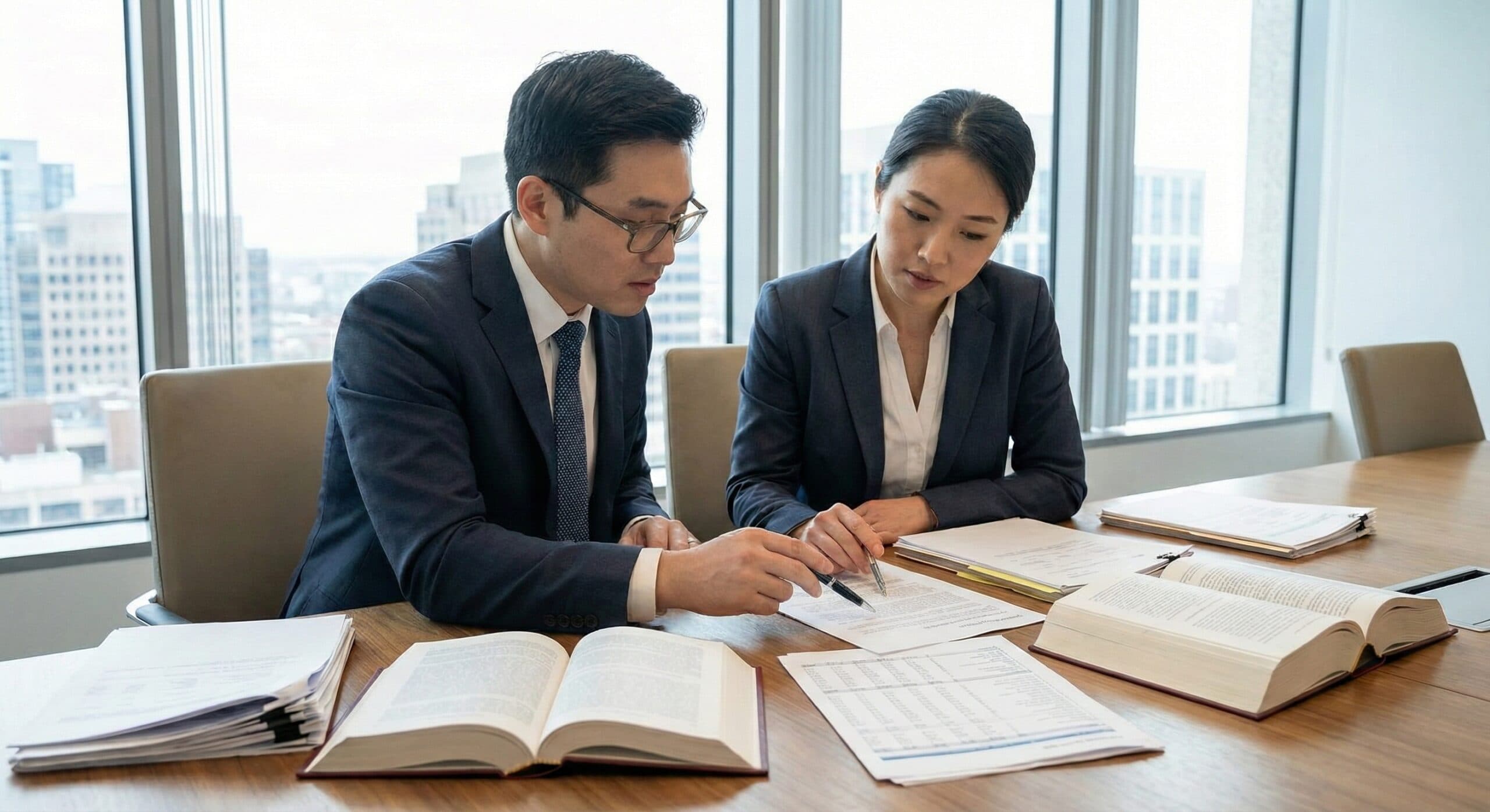 조세특례제한법 관련 서류를 검토하며 전략을 수립하는 세무 전문가의 모습