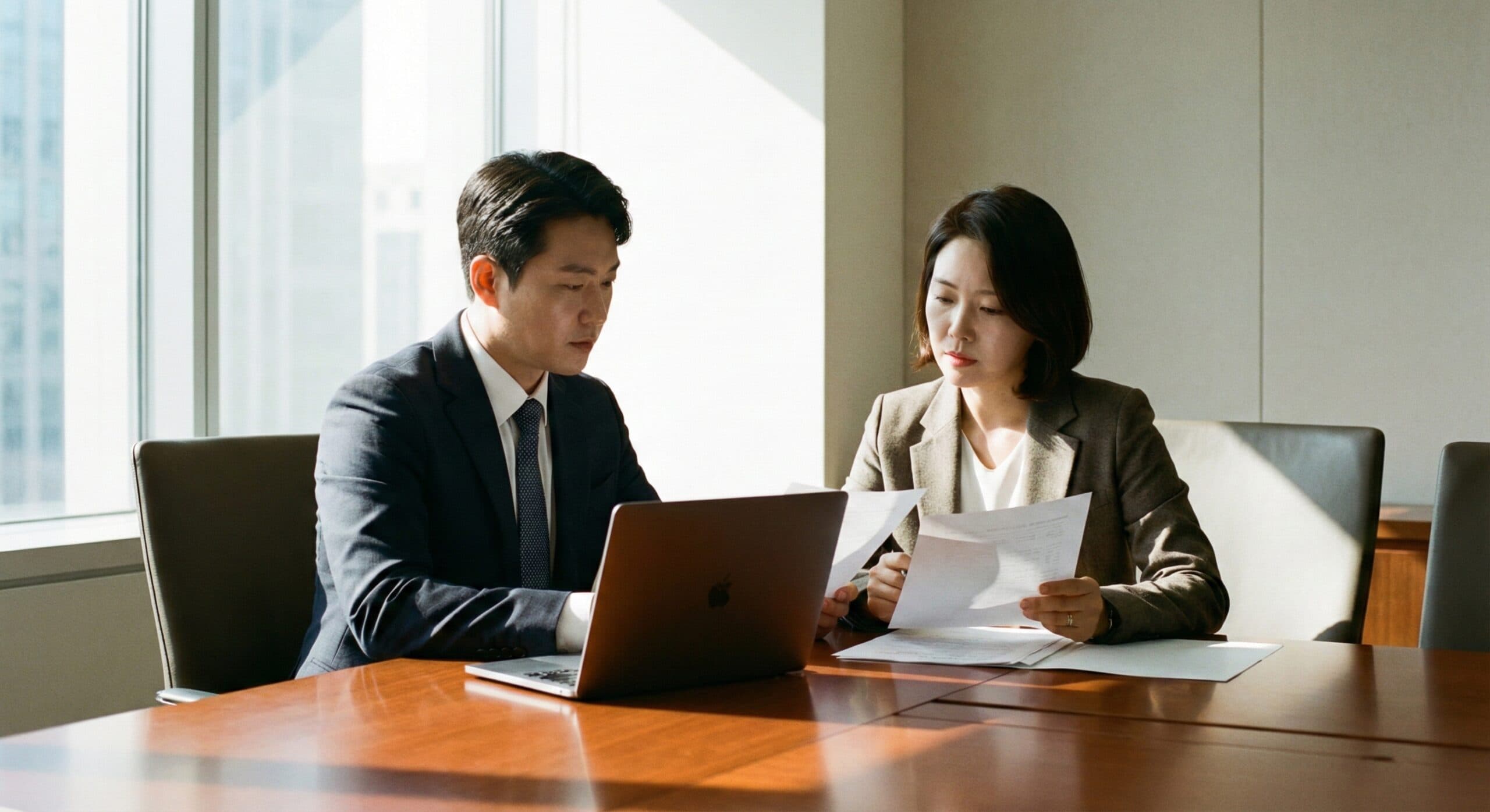 세액공제 관련 서류를 검토하며 전문가와 회의하는 모습