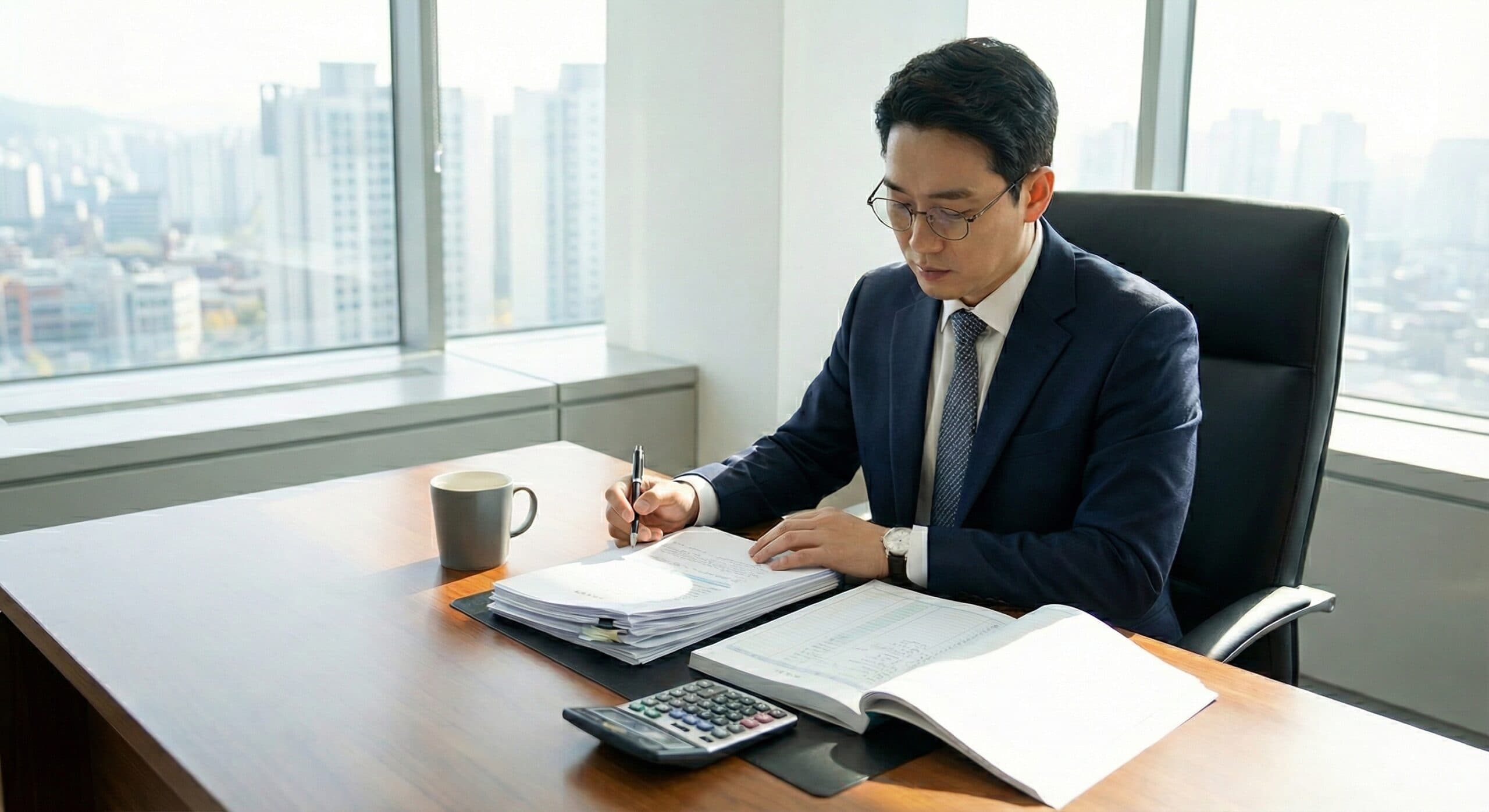 원천징수 관련 서류를 꼼꼼하게 검토하는 비즈니스 전문가의 모습