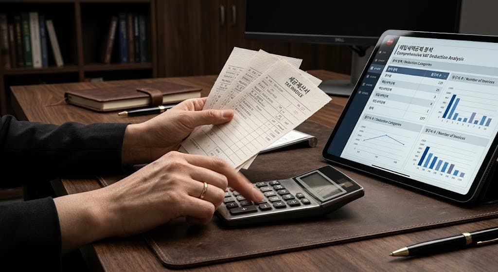 매입세액공제 항목을 정밀하게 분석하여 장부를 정리하는 세무 전문가의 손길