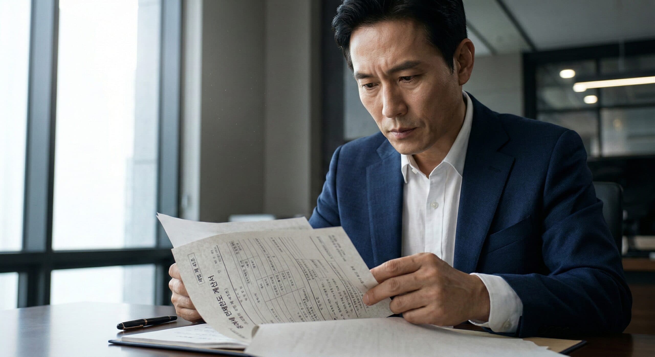 증여세 면제한도 관련 서류를 면밀하게 검토하는 세무 전문가의 모습