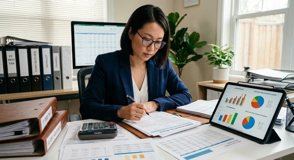 종합소득세 신고를 준비하는 세무 전문가의 서류 작업 모습