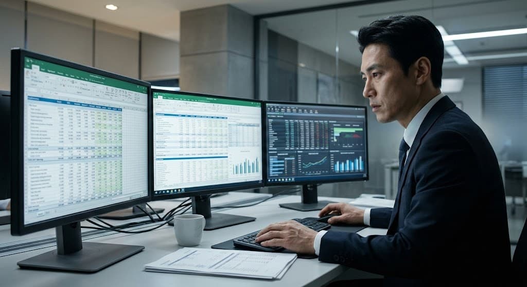 기장대리 전문가가 여러 대의 모니터를 사용하여 정밀한 세무 데이터를 분석하는 모습