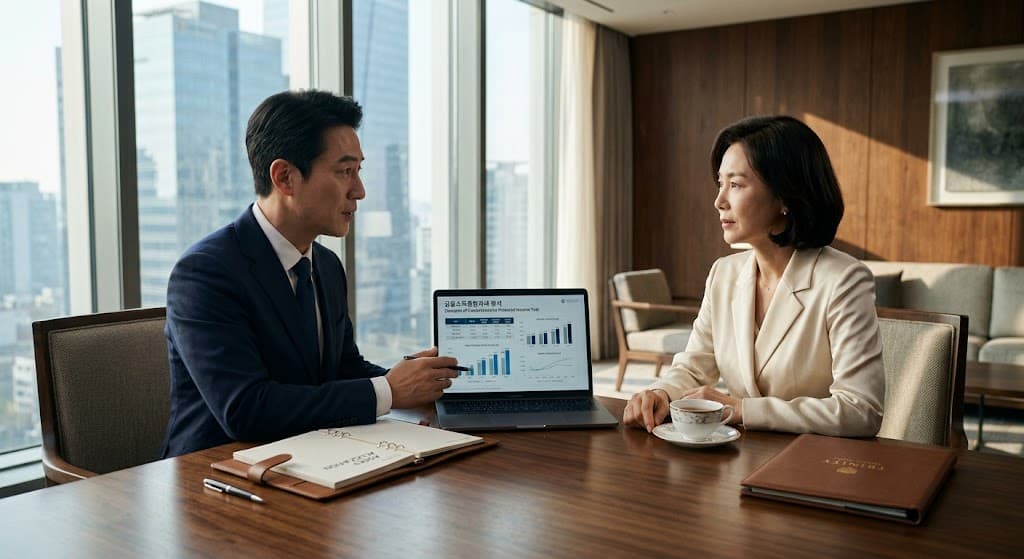 금융소득종합과세 기준액 관리를 위한 자산가와 세무사의 상담 장면