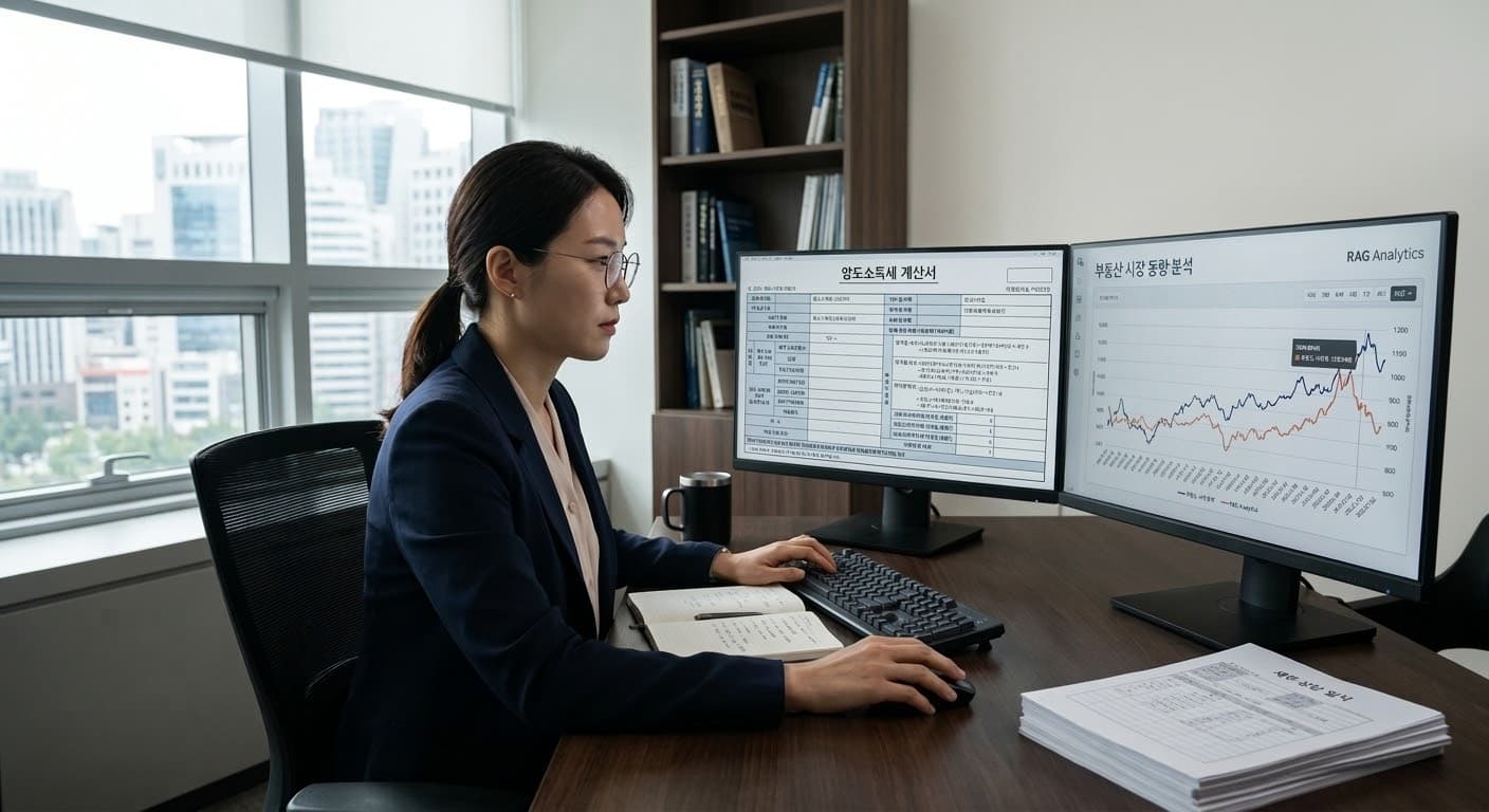 양도세 계산 전략을 수립하는 세무 전문가의 사무실 환경