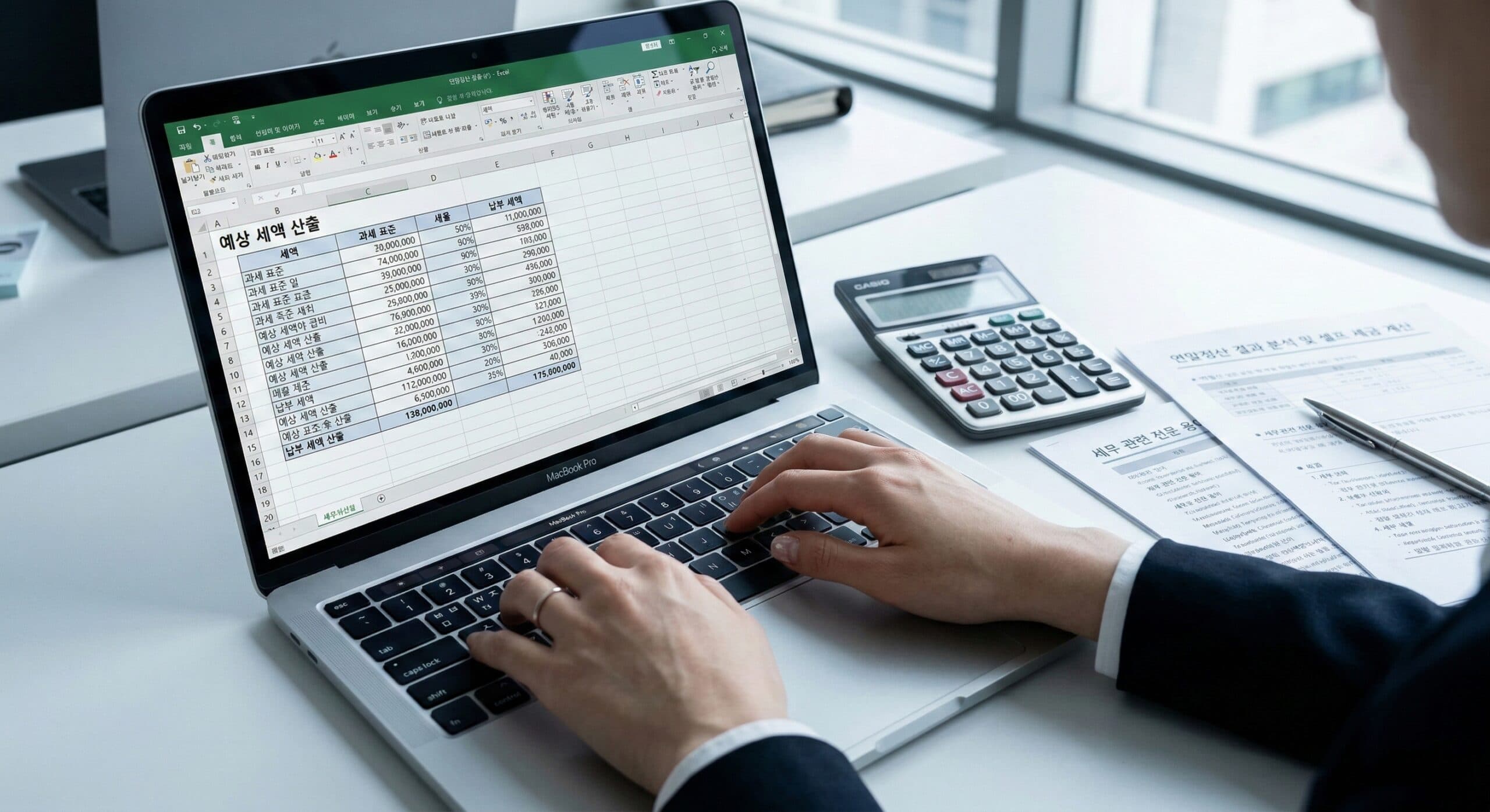 노트북과 계산기를 활용하여 예상 세액을 직접 산출하는 전문가
