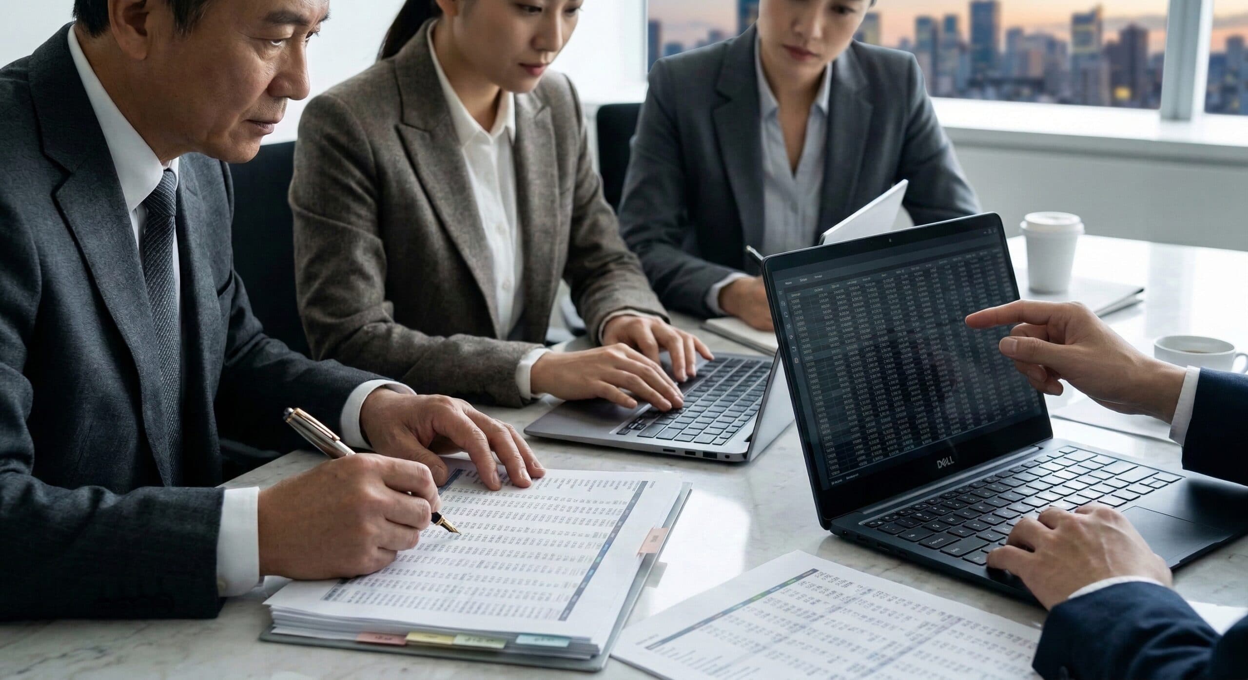 세금계산기 관련 회의실에서 정밀한 데이터 서류를 분석하는 모습