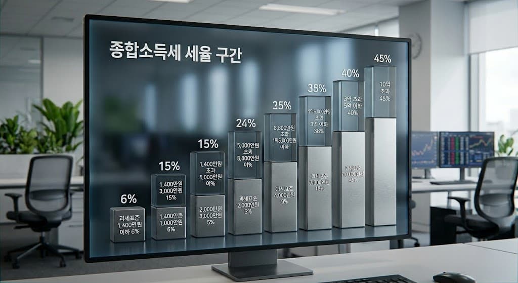 종합소득세 세율 구간 6퍼센트부터 45퍼센트까지의 단계별 그래프