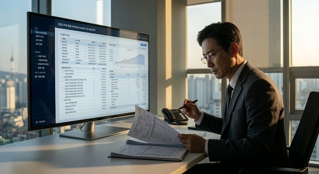 종합소득세 환급 분석을 위해 서류를 정밀 검토하는 전문가