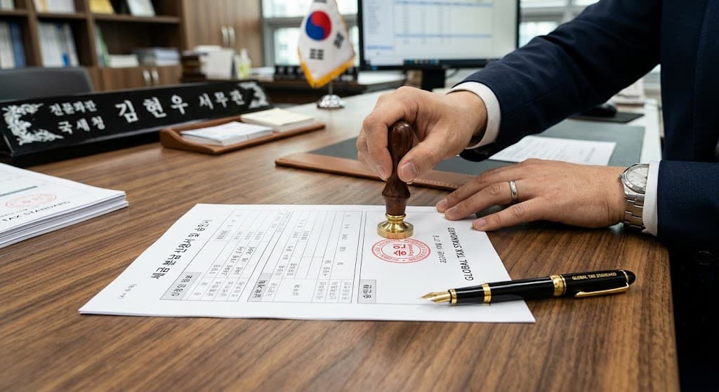 세금분납 서류에 승인 도장을 찍는 공적인 이미지