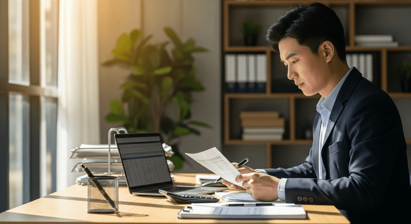 종합소득세 신고 서류를 검토하는 한상민 세무사의 사무실 업무 장면