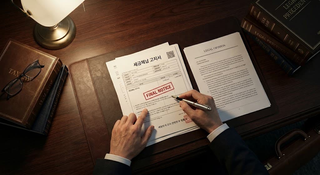세금체납 고지서와 법률 서적을 검토하는 전문가