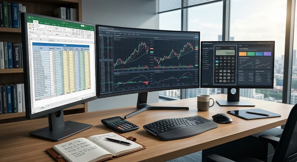 부가세 정리 및 세무 분석을 수행하는 전문가의 고해상도 워크스테이션