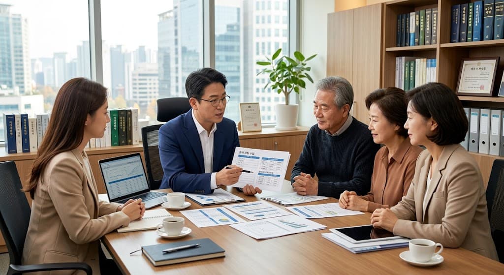 증여 계획을 수립하는 세무사와 가족