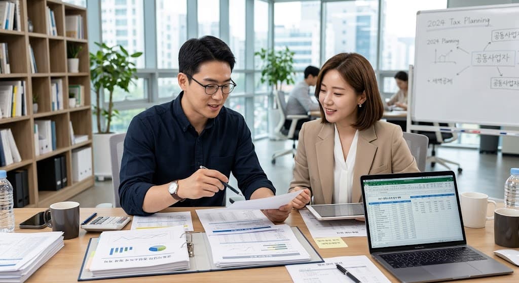 공동사업자 종합소득세 절세 계획 회의를 하는 두 명의 사업가