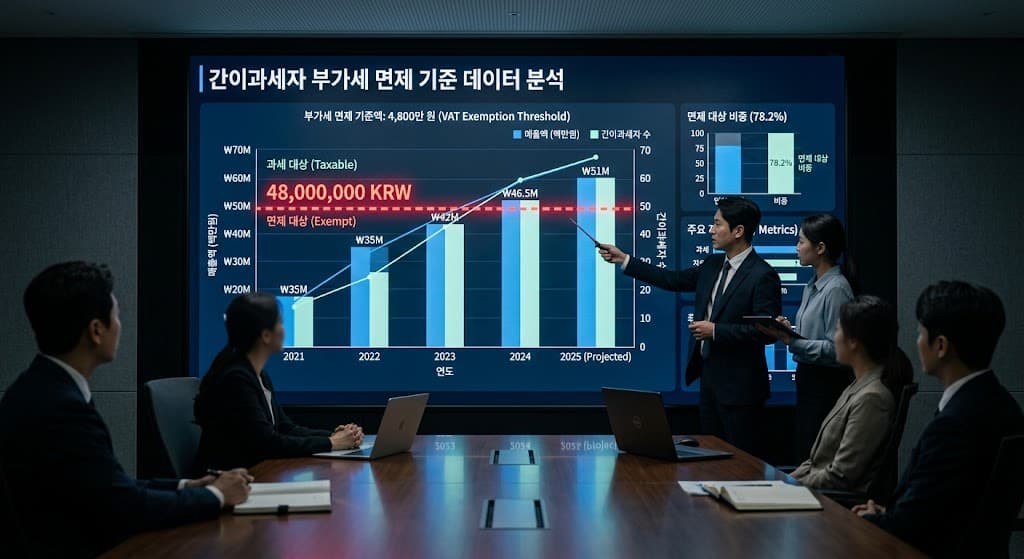 간이과세자 부가세 면제 기준 데이터를 분석하는 대형 스크린