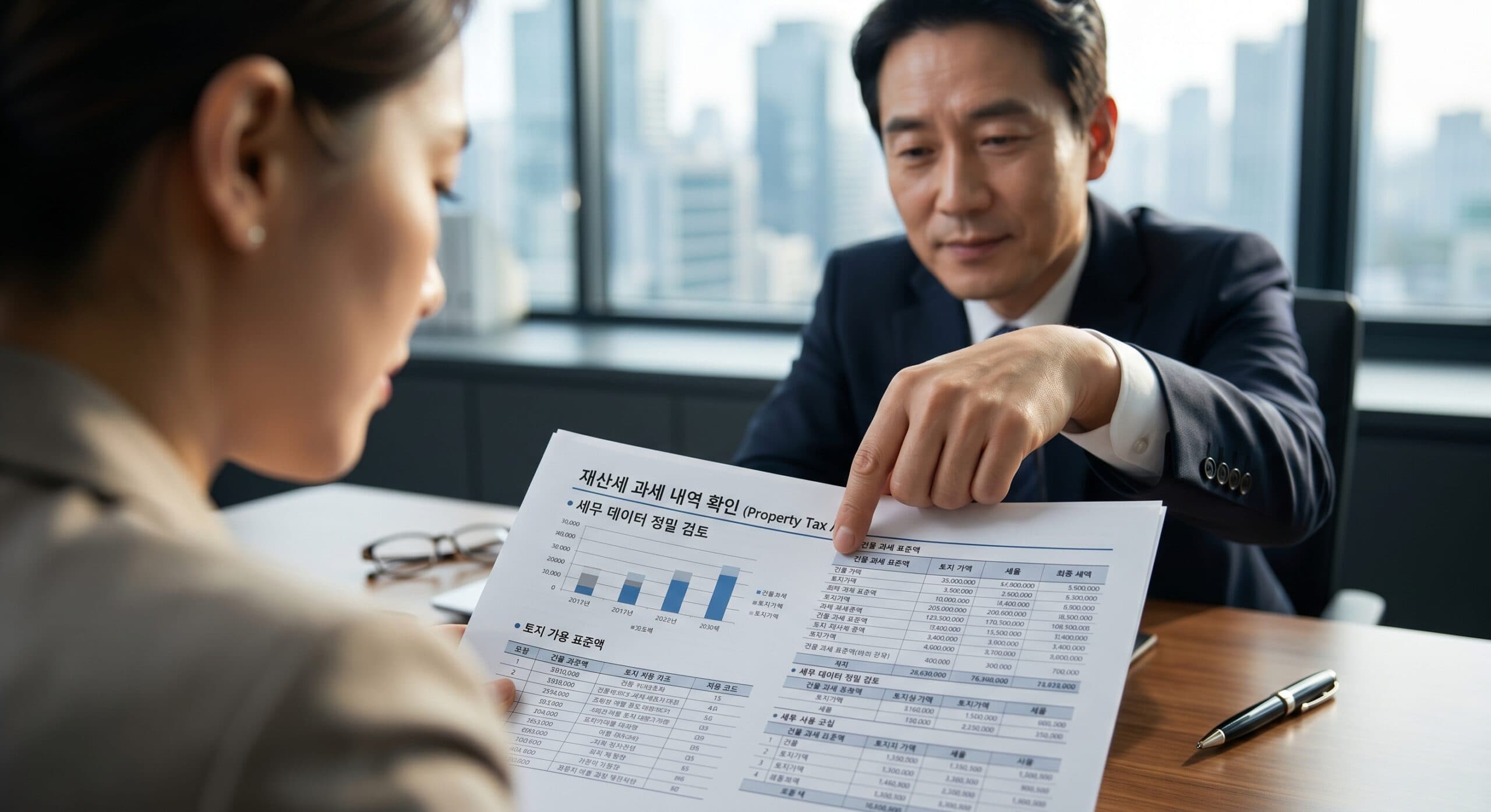 재산세확인을 위해 세무 데이터를 정밀하게 검토하는 세무 전문가의 모습