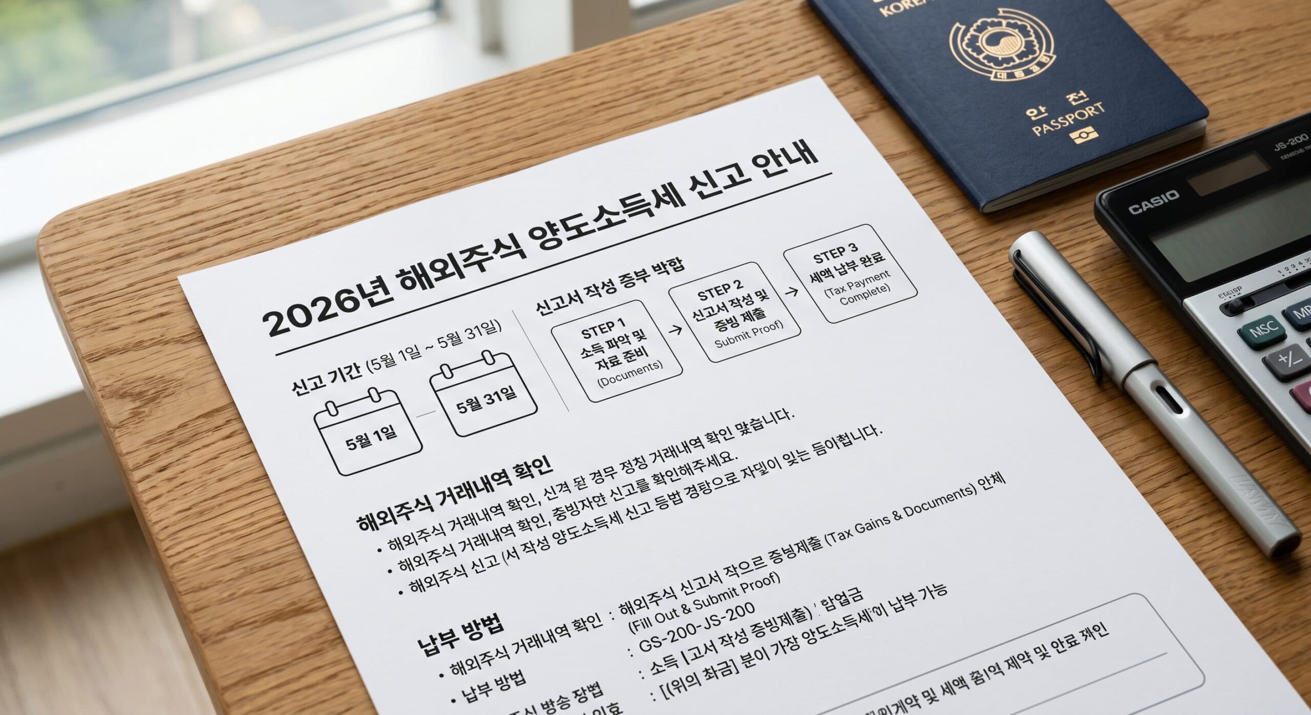 해외주식 세금 신고 기간과 절차를 설명하는 인포그래픽 리포트
