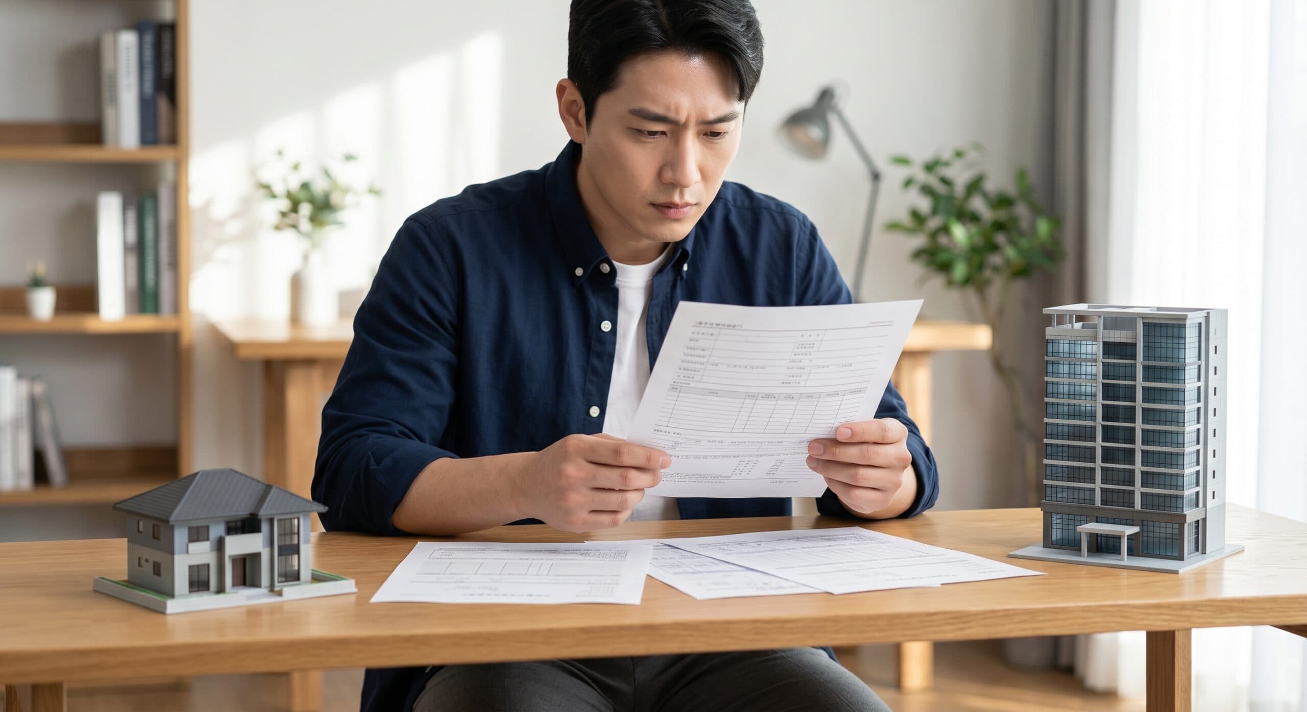 1가구2주택오피스텔 보유에 따른 복잡한 세금 고지서를 확인하는 모습