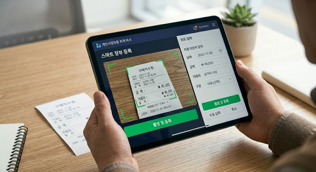 스마트폰 앱으로 매입 영수증을 촬영하여 장부에 등록하는 개인사업자