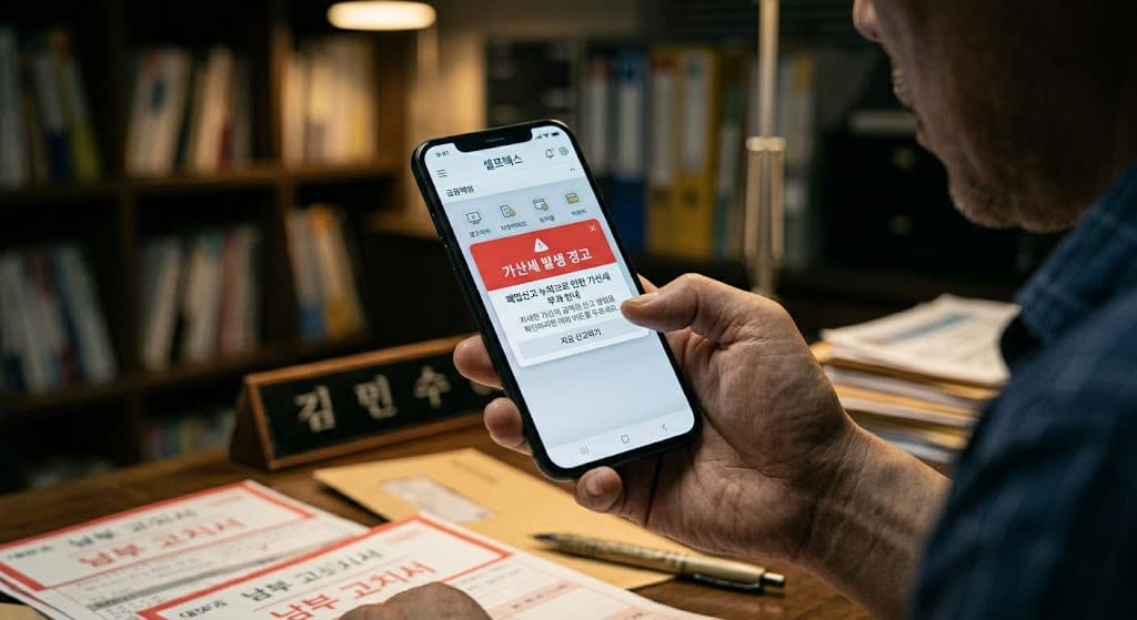 셀프택스 앱을 통해 가산세 경고 알림을 확인하는 스마트폰 화면