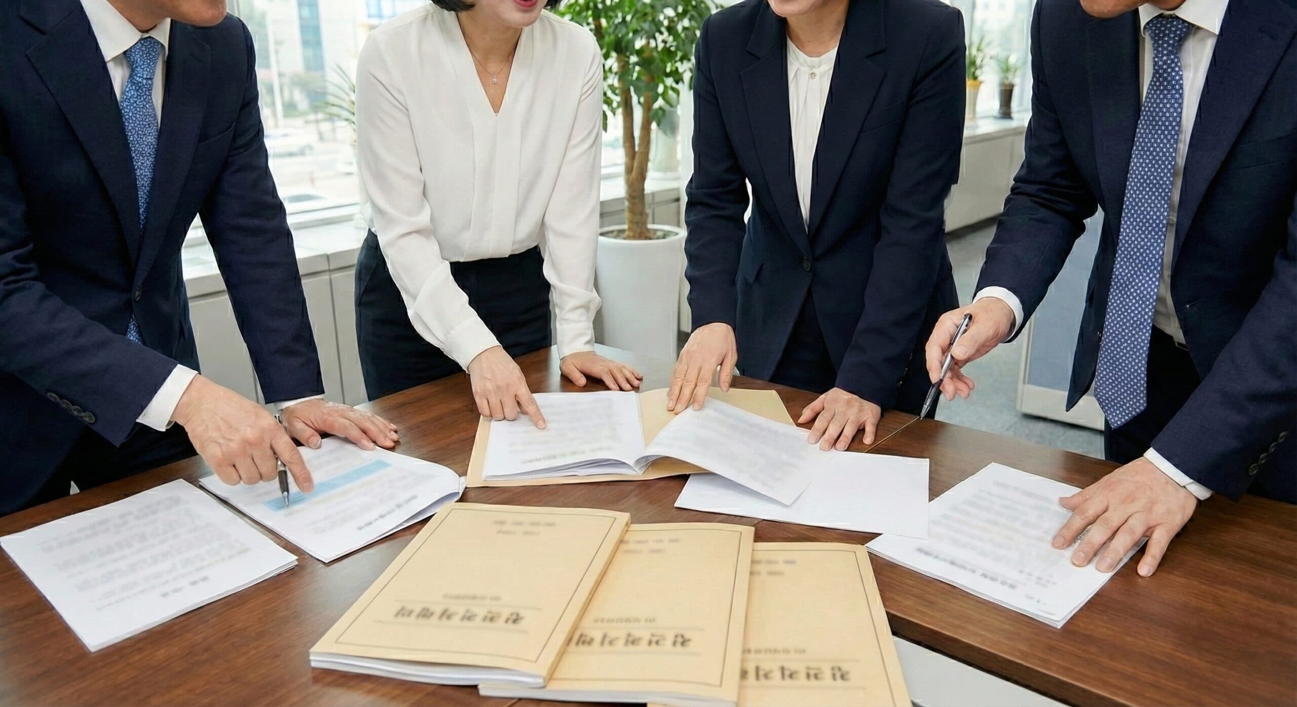 서류를 검토하며 협업하는 한국인 세무 전문가들