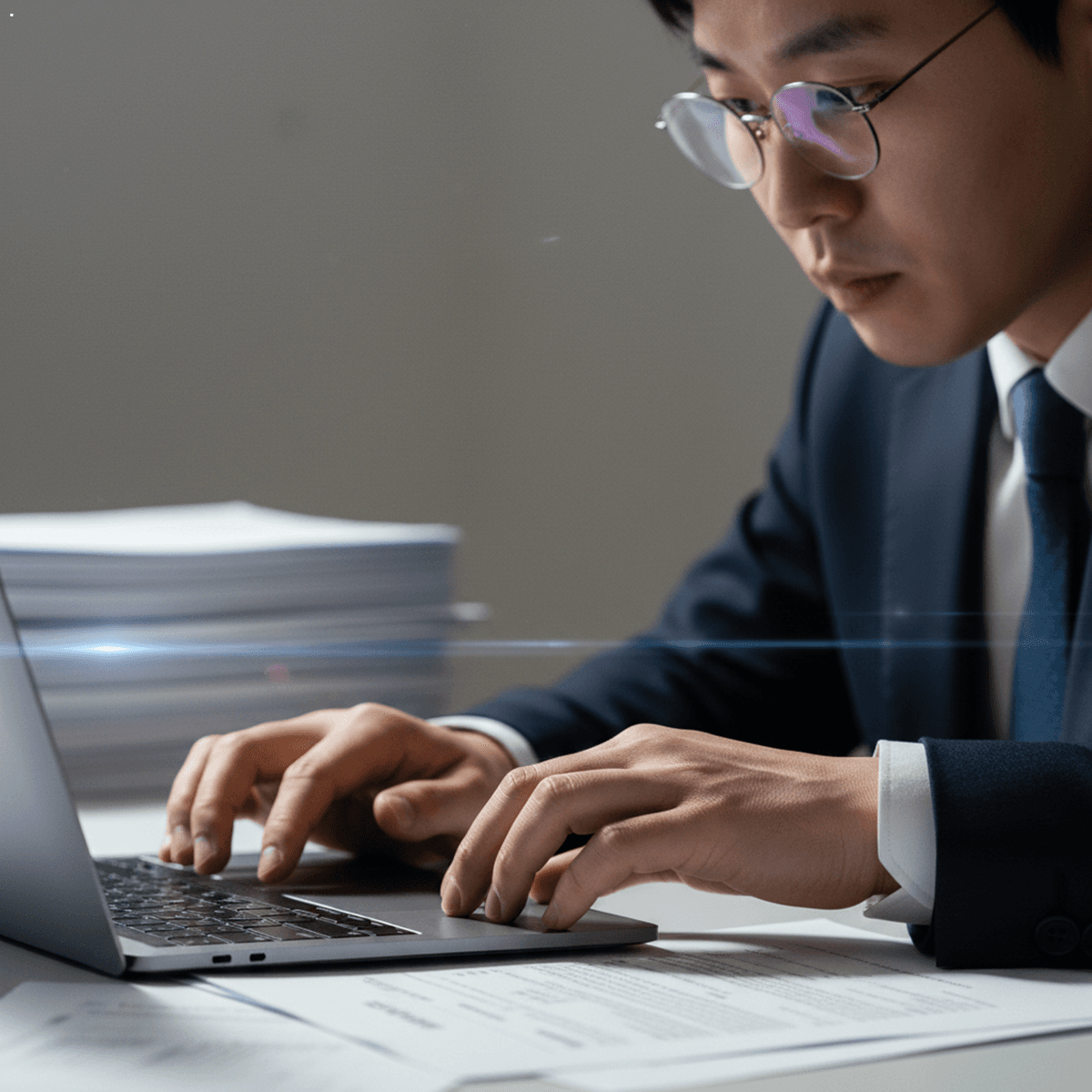 세무 전문가가 서류 업무를 수행하며 Global Income Tax Return 신고를 준비하는 모습. 35mm lens로 촬영되어 실제적인 texture와 lighting이 강조됨.