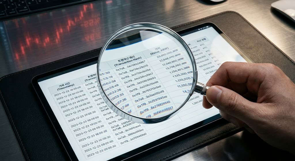 블록체인 거래 내역과 세무 감사 돋보기 이미지
