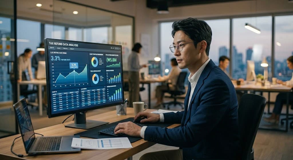 3.3% 환급 분석을 위해 대시보드를 확인하는 전문가 이미지