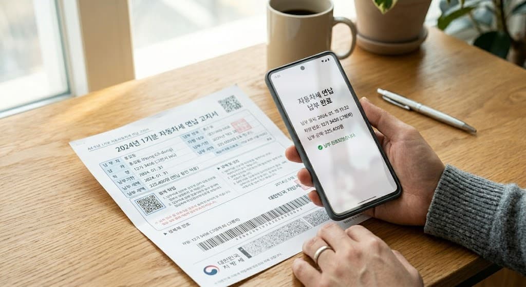 자동차세 연납 고지서와 스마트폰을 활용한 납부 화면