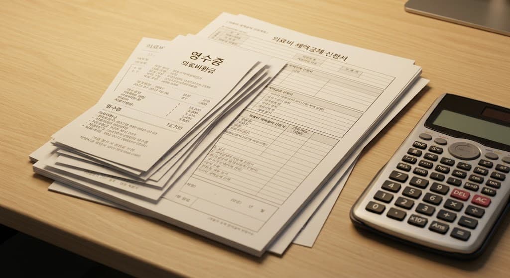 의료비 환급을 위한 병원 영수증과 복잡한 세무 신고 서류