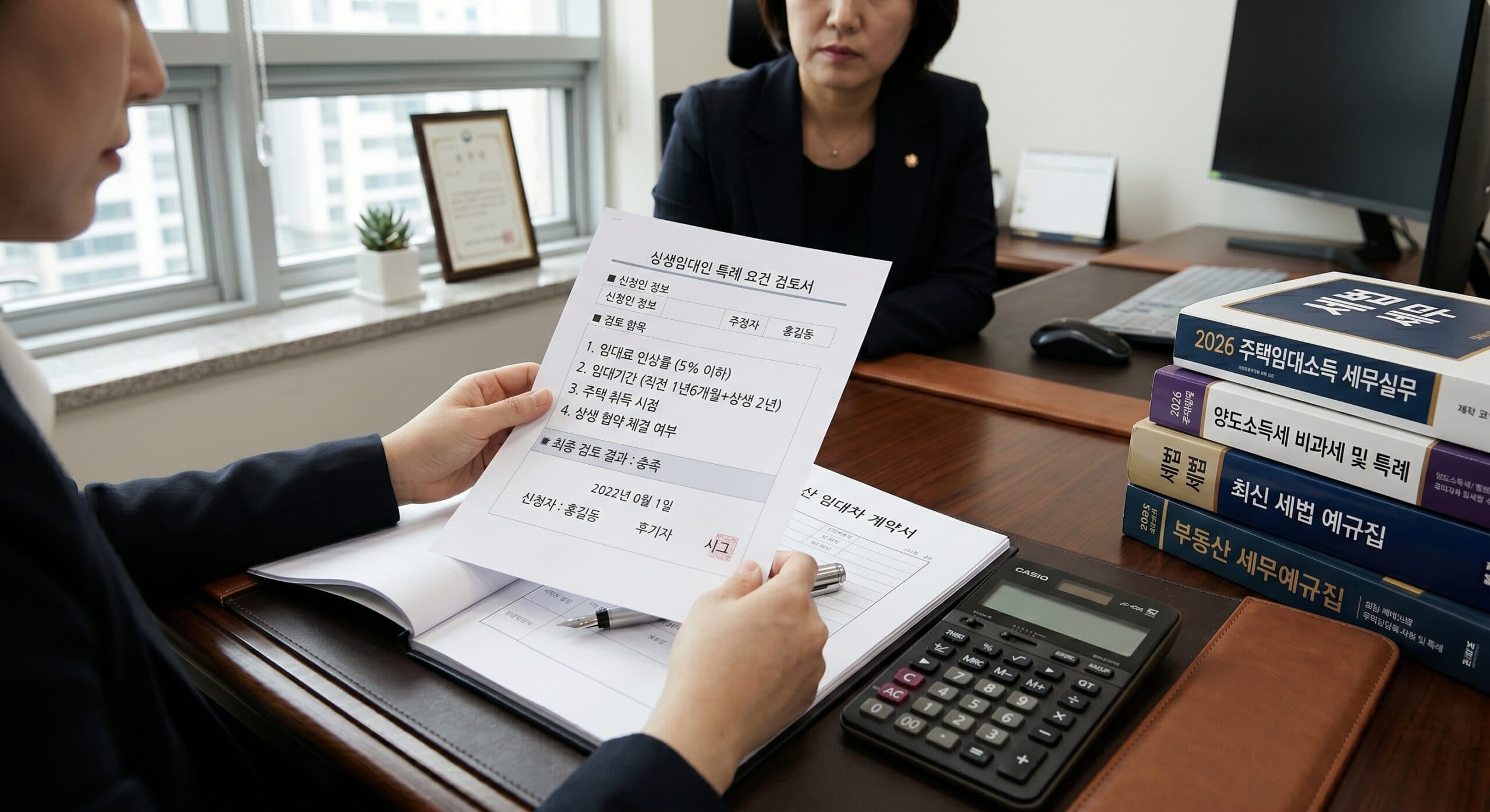 상생임대인 특례 요건을 검토하는 세무 전문가의 서류