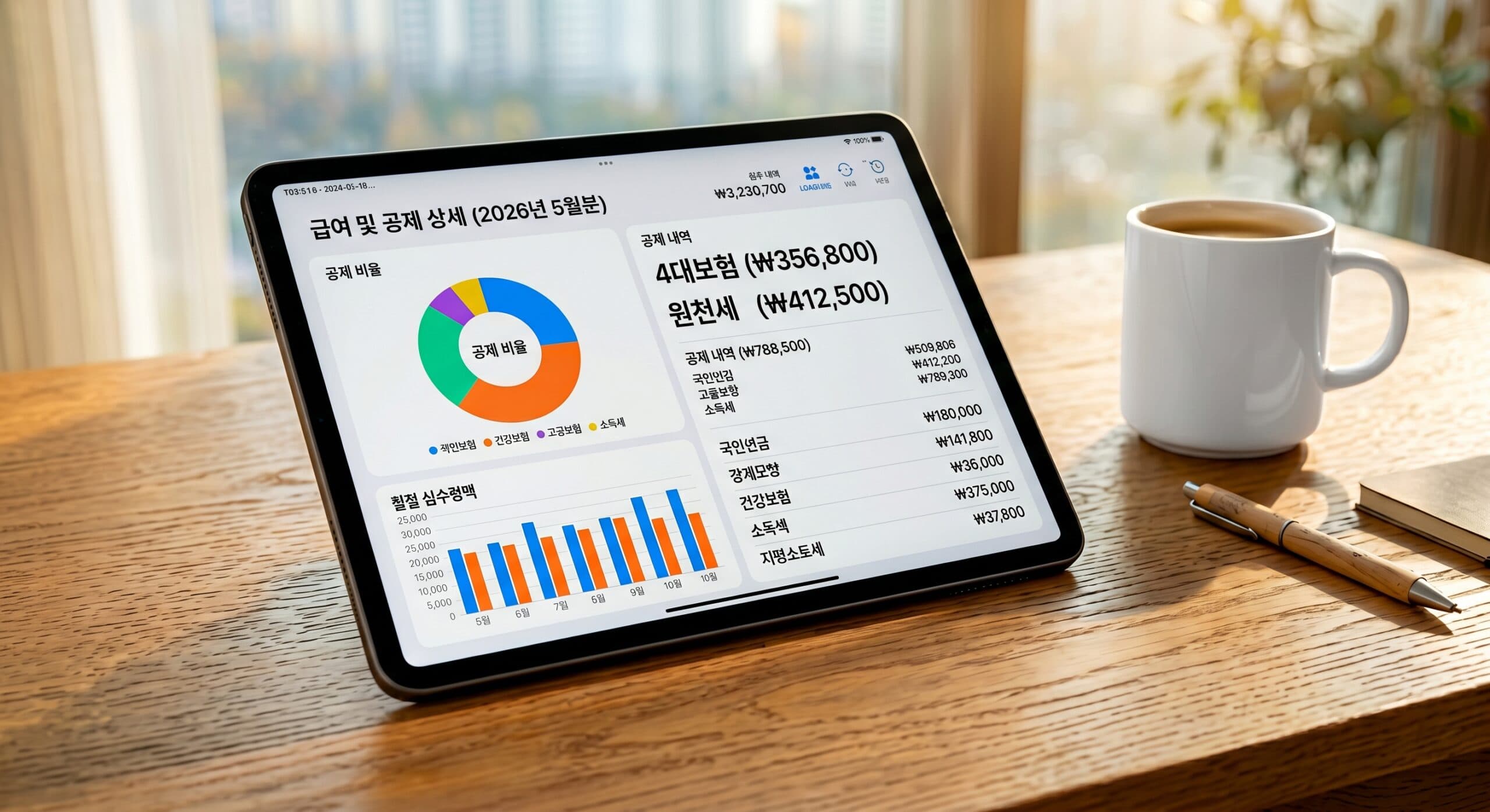 4대보험 및 원천세 공제 내역을 보여주는 재무 그래프