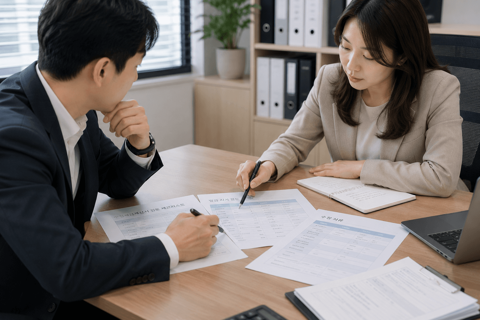 수정세금계산서 발급 시기에 대해 회의하는 두 명의 세무 전문가